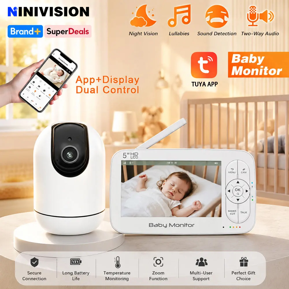 Smart Baby Night Light - スマートWiFiベビーモニター 5インチLCDスクリーン 4倍PTZズーム Tuyaアプリ+モニター デュアルコントロール 電子ベビーシッター