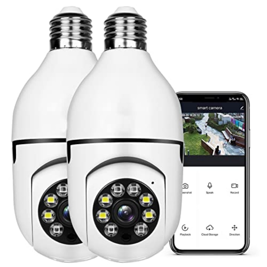 Smart Home Wifi - 電球型1080PセキュリティワイヤレスカメラWifiスマートホーム監視用、E27電球ソケットに差し込むタイプ、スポットライトアラーム機能付き