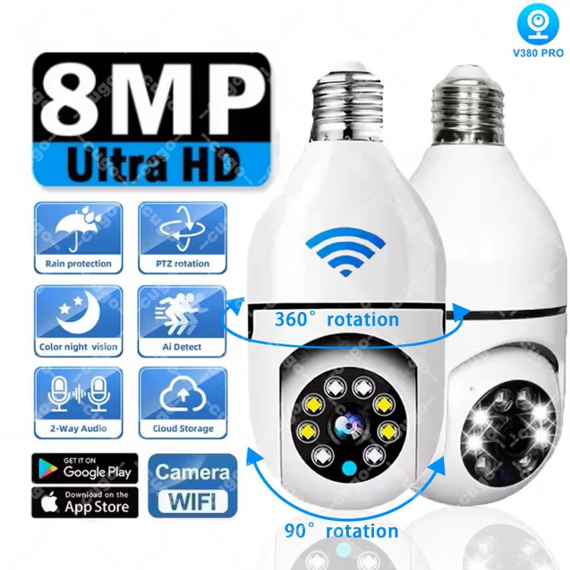 Smart Baby Night Light - 8MP E27電球型監視カメラ Wifi IP PTZ CCTVカメラ