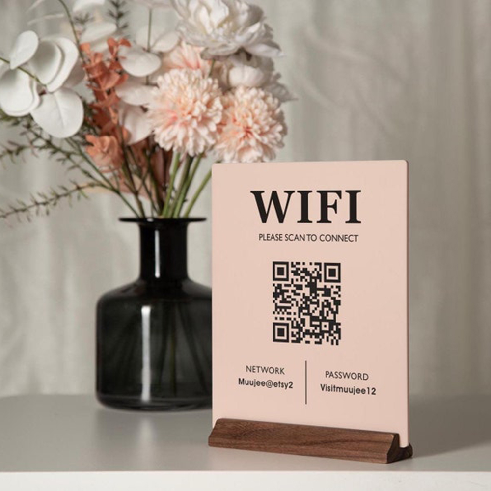 Airbnb Smart Home - ホットセール WiFi QRコード アクリルサイン 木製台座付き 卓上ディスプレイ