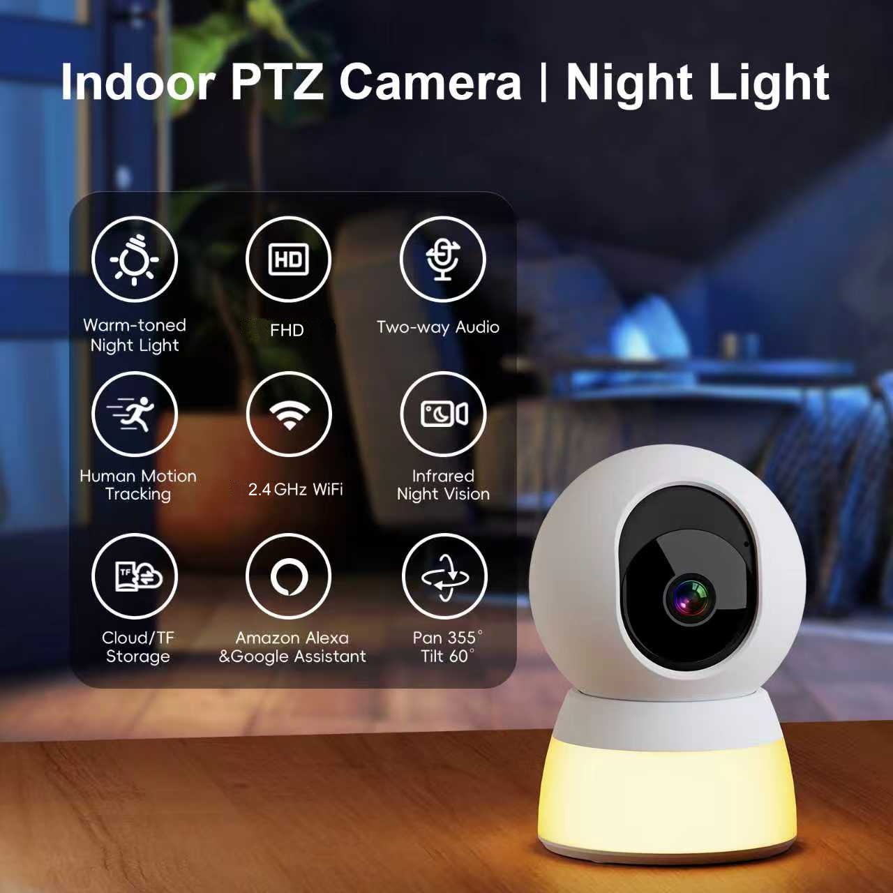 Smart Baby Night Light - スマートベビーモニター ナイトライト付き、1080P WiFiセキュリティカメラ 広角ビデオIPカメラ パンチルト機能付き 双方向音声対応