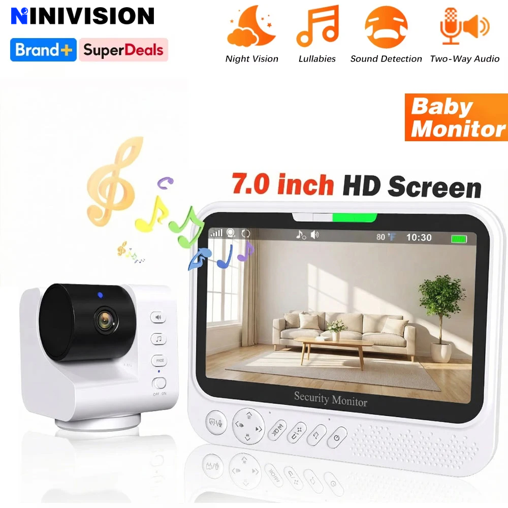 Smart Baby Night Light - スマートベビーモニター 7インチHDスクリーン 長距離PTZカメラ デジタル音検知 温度追跡 子守唄＆双方向通話