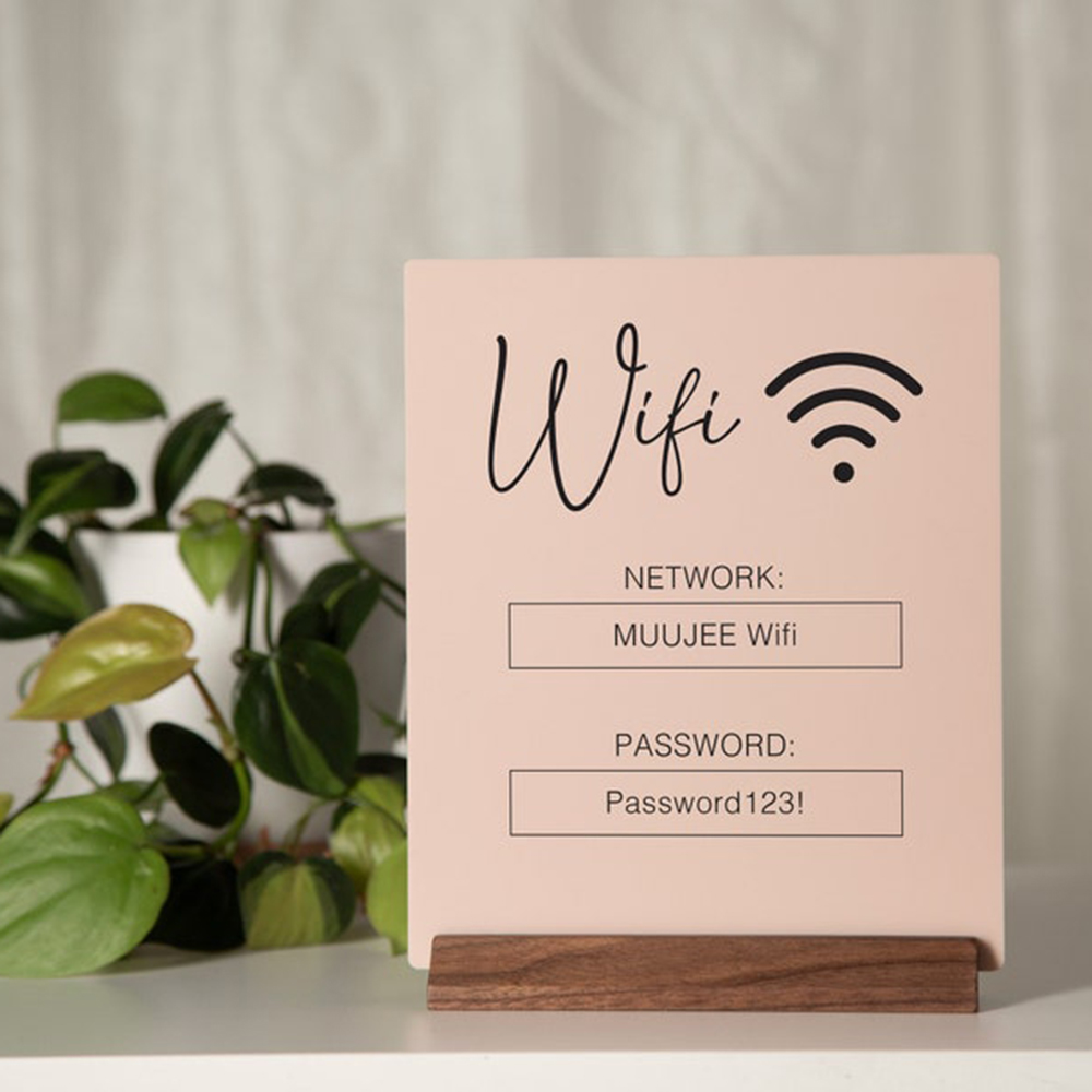 Airbnb Smart Home - カスタムWiFi QRコードアクリル製テーブルサイン（木製台座付き、インターネット接続用スキャン可能サイン、自宅、Airbnb、サロン、スパ、ビジネス向け）