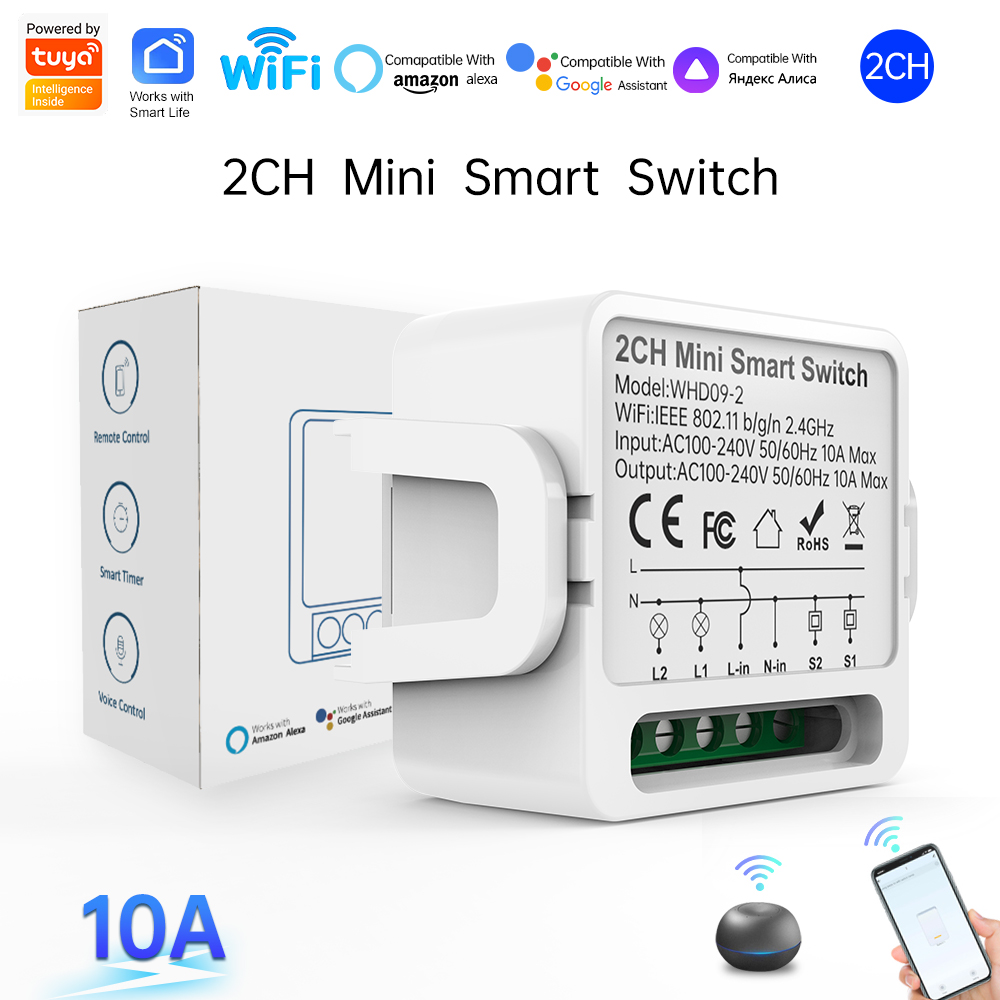 Smart Home Internet - 2ウェイTuyaスマートスイッチ2連スマートライトブレーカー、スマートライフ、Alexa、Google Homeの音声制御に対応