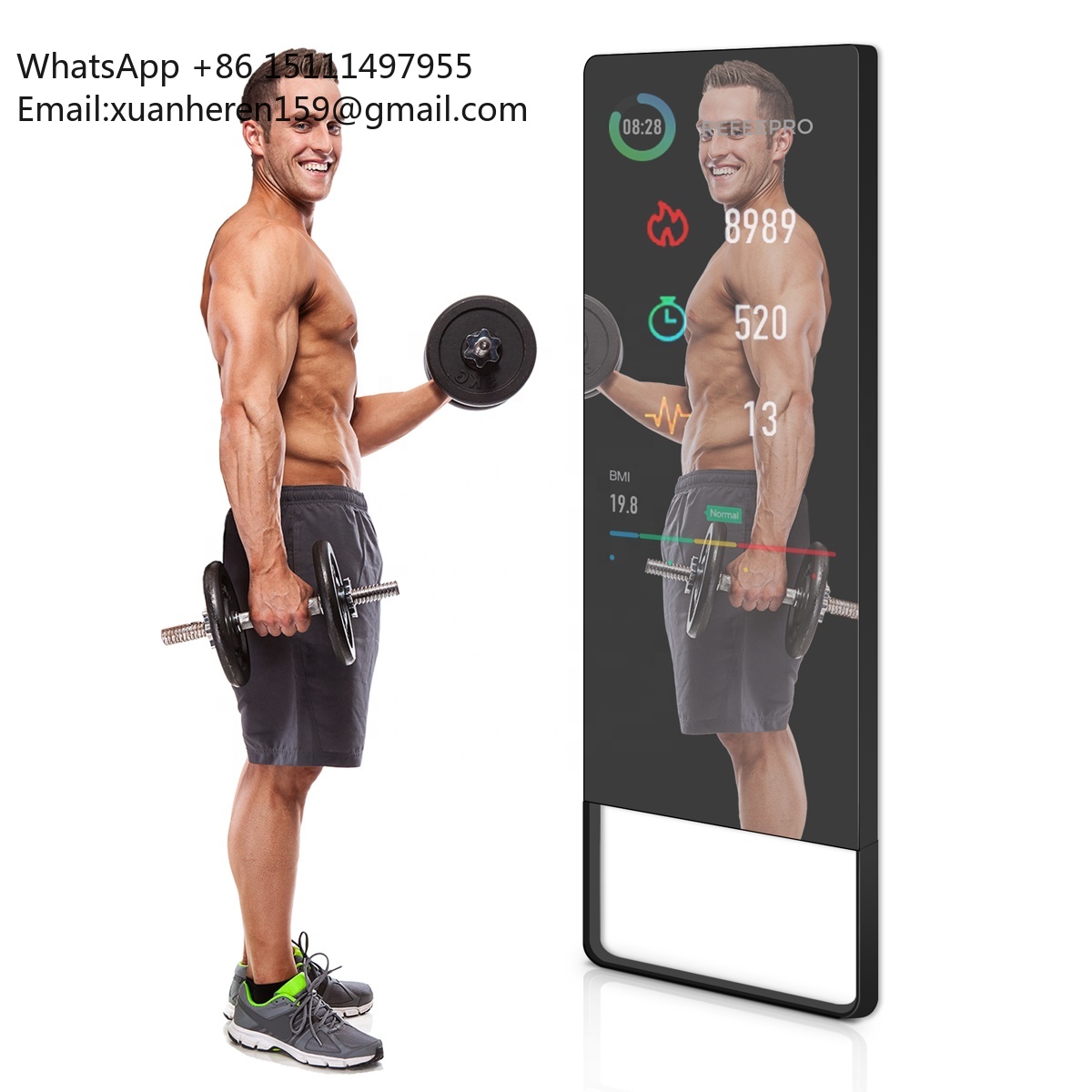 Smart Home Gym Mirror - タッチスクリーン式パーソナルトレーナーミラー、フロアスタンド型LCDディスプレイ、AI搭載ホームジム、筋力トレーニングスマートエクササイズフィットネスミラー